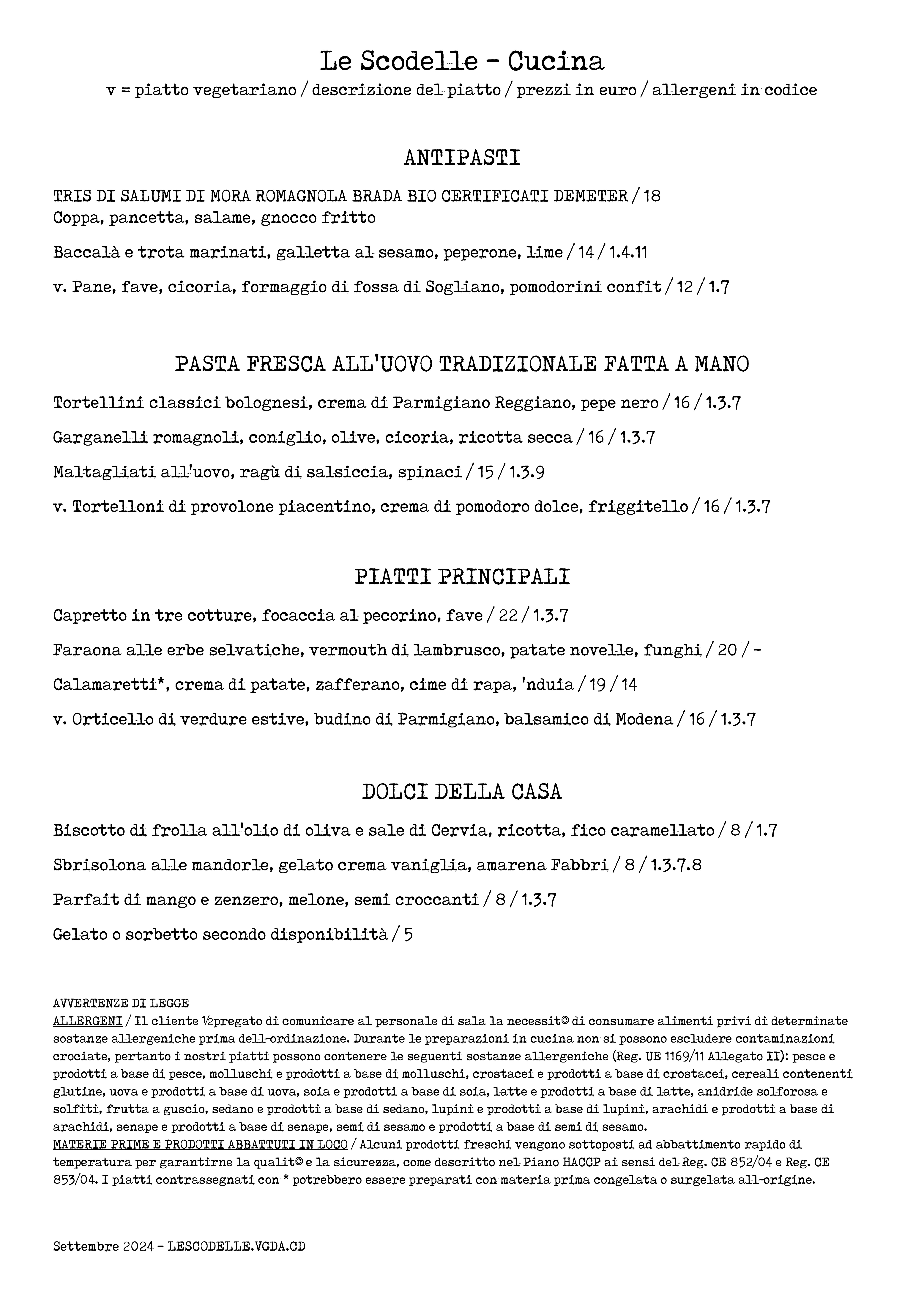 MENU SERA E FESTIVI SETTEMBRE 2024